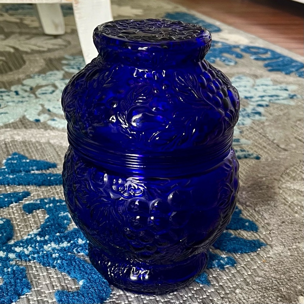 Vintage Apothecary Jar Canister Imperial Glass Co Cobalt Blue 7" Grapes Cherries